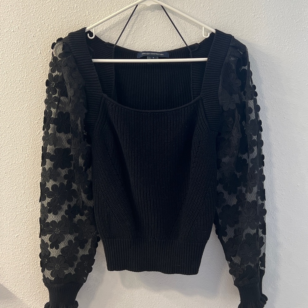French Connection Black Square Neck Sweater with Floral Lace Sleeves | S